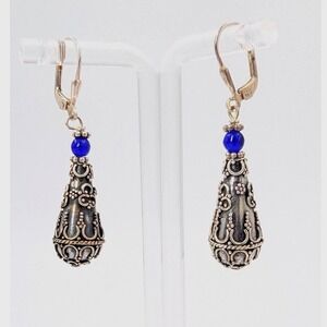 VTG Teardrop Earrings 925‎ Sterling Silver Filigree Ornate Blue Dangle